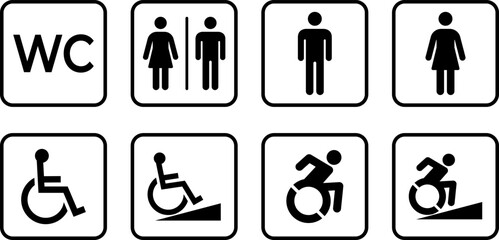 Washroom signs. Restroom or toilet door sign set gents, ladies, disabled, baby changing. WC sign. Female or male restroom. WC door plate symbol. Printable sticker. Vector illustration.