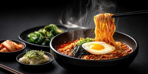 A bowl of Korean kimchi ragout with noodles being pulled up by chopsticks.