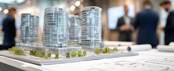 An architectural model on display, with business people in the background.