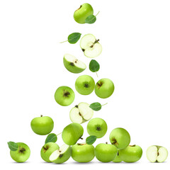 Falling green apples and slices with leaves, isolated on transparent background.