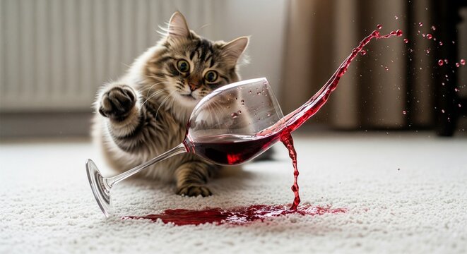 Cat dramatically knocking over a full glass of red wine on a white carpet