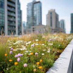 Wildflower rooftop garden on modern building, urban rewilding concept, contrast between cityscape and native plants, drone view, sustainable architecture, Selective Focus