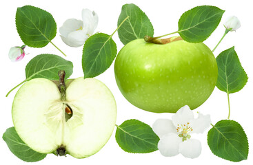 Fresh green apples with flowers and leaves. Isolation on a transparent background.