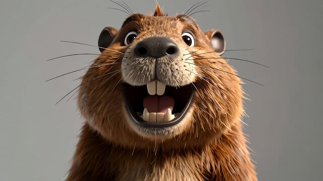 Animated, brown beaver with large teeth smiles widely on a simple light grey backdrop