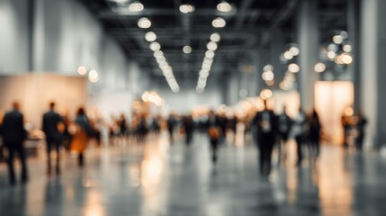 A blurred view of a busy convention center filled with people, showcasing networking and collaboration.