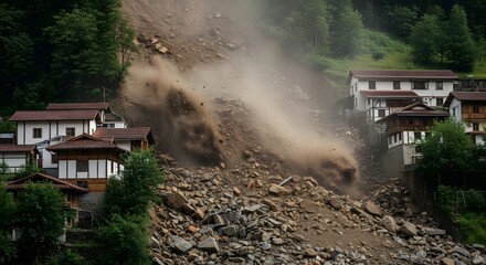 Fototapeta premium Devastating landslide engulfs a remote village, causing widespread destruction and fear
