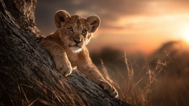 A lion cub rests on a tree trunk at sunset