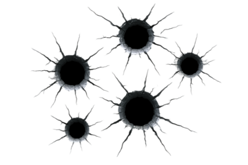 Multiple Realistic Bullet Holes with Jagged Edges Creating a Shattered Effect on a Dark Surface