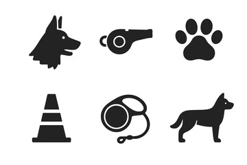Solid black shepherd dog icons set. Vector collection of German shepherd head, dog silhouette, training whistle, paw print, agility cone, retractable leash. Sheepdog training concept illustration.