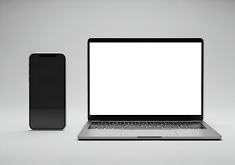 Minimalist Mockup of Laptop and Smartphone with Blank Screens on Light Grey Gradient Background
