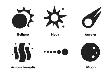 Space Phenomena Icon Set. Solid Vector Silhouettes of Solar Eclipse, Nova, Comet, Aurora, Aurora Borealis, Planetary Alignment, Moon Phases. Astronomy Symbols. Celestial Event Graphic Elements.