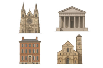 Fototapeta premium Collection of Architectural Styles: Gothic Cathedral, Neoclassical Temple, Georgian Townhouse, and Romanesque Church