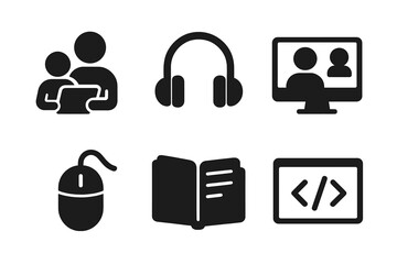 Modern Digital Learning and Technology Icon Set. Parent Child Tablet, Headphones, Video Conference, Computer Mouse, E-Book, Coding, Online Education, E-Learning Tools, Remote Work.