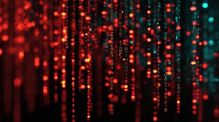 A captivating digital background featuring flowing binary code in vibrant red and green hues.