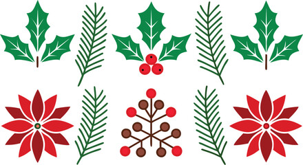 Christmas Botanical Elements Vector Set  Poinsettia Holly, Pinecone, Berries