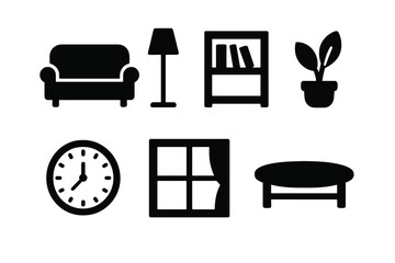 Therapy room furniture icons set. Solid filled vector illustration of sofa, lamp, bookshelf, plant, clock, window, coffee table. Psychologist office interior. Therapy environment decor symbols