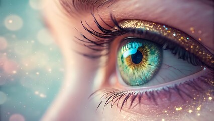 Obraz premium Emerald eye with golden glitter green eyelashes