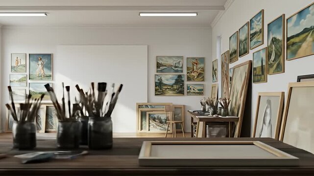 Art studio with numerous paintings on the wall and paintbrushes on the table