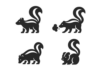 Skunk silhouette vector icons set, wild animal behavior collection. Black filled skunk with curled tail, spraying skunk, foraging skunk, standing skunk, cute cartoon wildlife illustration