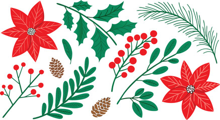 Christmas Botanical Elements Vector Set  Poinsettia Holly, Pinecone, Berries