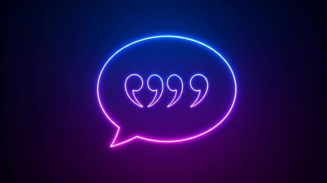 Glowing speech bubble with quotation marks outline against a dark blue/purple background