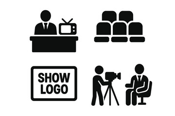 TV talk show icons set. Vector silhouette symbols of television host at desk, audience seating, show logo display, camera operator, on-air guest. Media production, broadcast studio, interview visual.