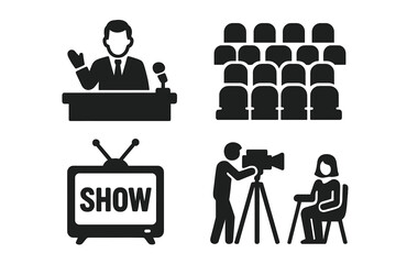 TV talk show icons set. Host at podium, studio audience seats, television show logo, cameraman filming guest. Broadcast, interview, recording, media, journalism, communication concept vector