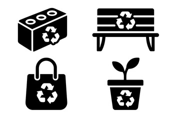 Black Solid Recycling Icons Set. Eco-Friendly Waste Management Design. Sustainable Recycled Products Symbols. Reusable Bag, Green Plant Pot, Park Bench, Eco Brick Vector Isolated Illustration
