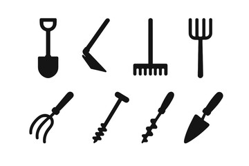 Obraz premium Solid Black Garden and Farming Tools Vector Icons Set. Spade, Hoe, Rake, Pitchfork, Hand Cultivator, Soil Auger, Trowel. Agriculture Gardening Implements Isolated on Transparent Background
