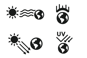 Solar and Earth Interaction Icon Set. Vector sun-Earth atmospheric illustration. Solar wind, aurora, sunbeam ray strike, UV radiation, space weather, magnetosphere icons. Science education.