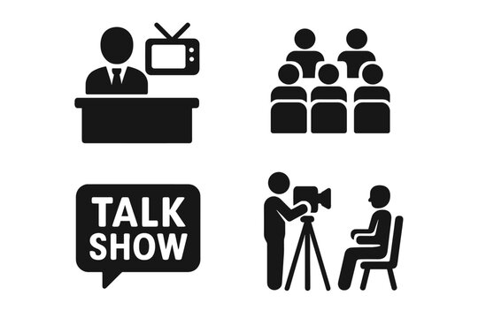 TV show vector icon set. Solid filled icons of talk show setup, TV host at desk, live studio audience, talk show speech bubble logo, camera crew filming guest interview. Television production symbols.