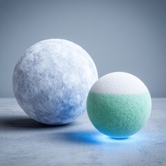 Two icy spheres, one large and one small, on a light gray surface