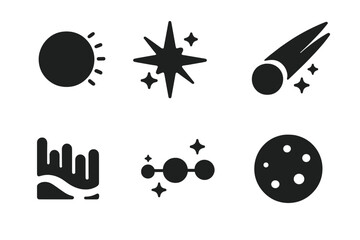 Space Phenomena Icons Set. Solid Filled Vector Icons of Solar Eclipse, Supernova, Comet, Aurora Borealis, Planetary Alignment, Moon Phases. Astronomy, Astrophysics, Outer Space Illustration