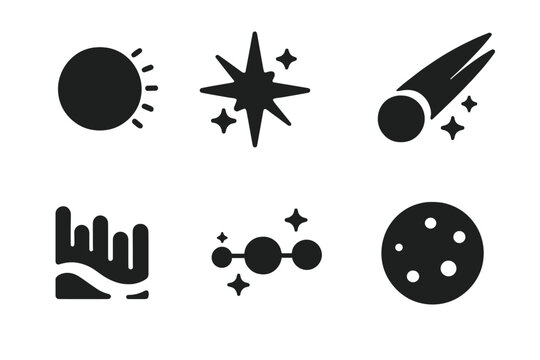 Space Phenomena Icons Set. Solid Filled Vector Icons of Solar Eclipse, Supernova, Comet, Aurora Borealis, Planetary Alignment, Moon Phases. Astronomy, Astrophysics, Outer Space Illustration