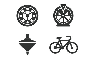 Obraz premium Spinning wheels icons set. Solid vector illustration of roulette wheel, wheel of fortune, spinning top, bicycle. Casino luck, gambling, childhood games, cycling, transport symbols collection.