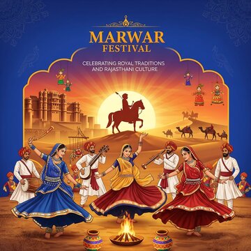 Vibrant marwar festival celebration with traditional rajasthani folk dancers and horse rider