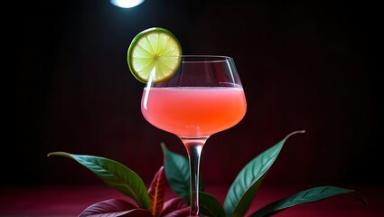 Elegant Pink Cocktail with Lime Garnish and Exotic Plants in a Luxurious Setting Perfect for Bars and Events