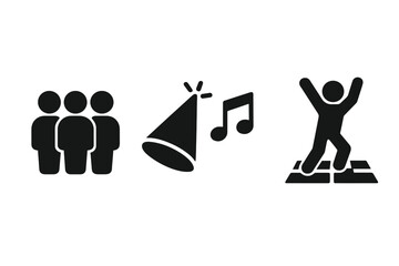 Group people party icons. Youth gathering celebration, dance floor, party hat, music note. Young friends socializing, dancing, having fun together. Festive event, nightlife, social activity symbols.