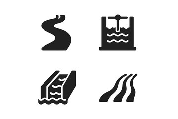 Water channels icons set. Solid filled vector illustrations of river curve, canal lock, irrigation channel, flowing water stream, flow, irrigation system, agriculture, infrastructure, hydrology