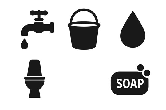 Water and Sanitation Solid Icon Set. Black Vector Collection: Water Tap, Bucket, Water Drop, Toilet, Soap Bar. Essentials for Hygiene, Clean Water, Public Health, Conservation, Bathroom, Washing