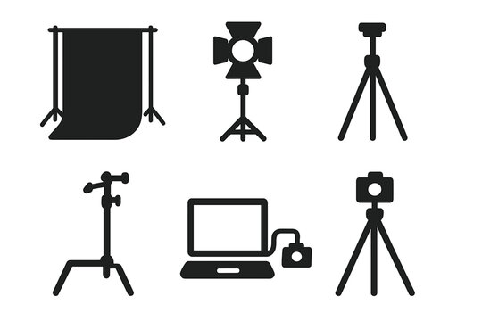 Studio photography equipment icons set. Solid filled vector illustration collection of backdrop frame, studio lighting, spotlight, tripod, C-stand, computer tether for professional photo shoot setup.