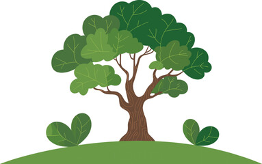 Obraz premium Lush green tree illustration, nature landscape design, eco-friendly foliage art, vibrant hill scene, environmental concept, vector graphic, stock image