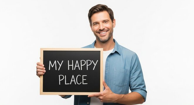 A smiling man holding a blackboard with the words my happy place isolated on white background