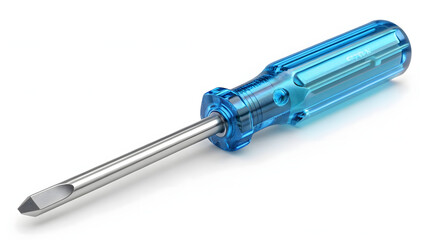 3D blue transparent screwdriver icon isolated on white, realistic glossy glass handle and metallic tip render