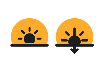 Naklejka premium Sunrise and Sunset Icons Set. Vector Illustration of Rising Sun and Setting Sun in Orange Sky. Solid Filled Symbol Collection for Weather App, Nature Scene, Dawn, Dusk, Horizon, Daylight Transition