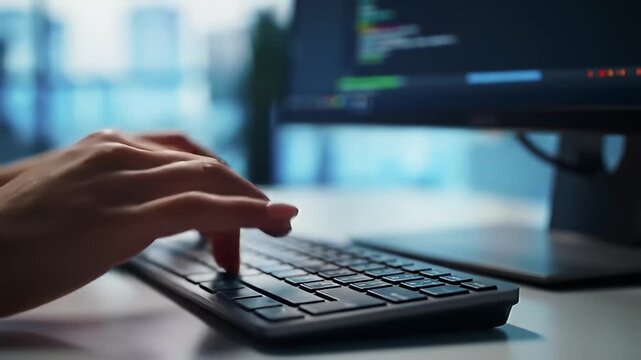 Hands typing on a keyboard, computer screen in the background