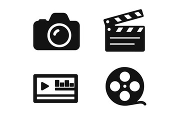 Video production icons set. Solid black vector illustration of DSLR camera, movie clapperboard, video timeline editor, film reel. Modern filmmaking tools, video editing, cinema production elements