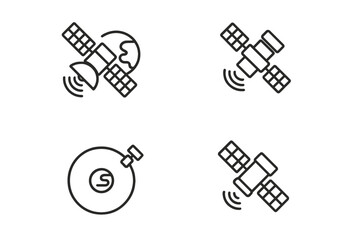 Satellite icon set. Outline vector icons of orbital mechanics, communication satellite, low Earth orbit satellite, geostationary satellite, GPS, broadcasting, space technology, Earth observation