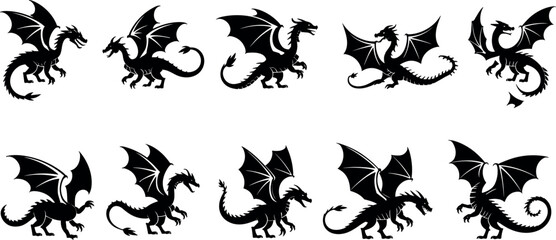 silhouette set, fantasy creature icons, mythical beast shapes,  vector illustration fantasy creature icons,  flying dragon poses, winged reptile designs, vector illustration collection