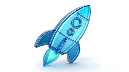 Fototapeta premium Futuristic 3D Blue Glass Rocket Icon Isolated on White Background, Modern Space Launch Symbol with Holographic Style